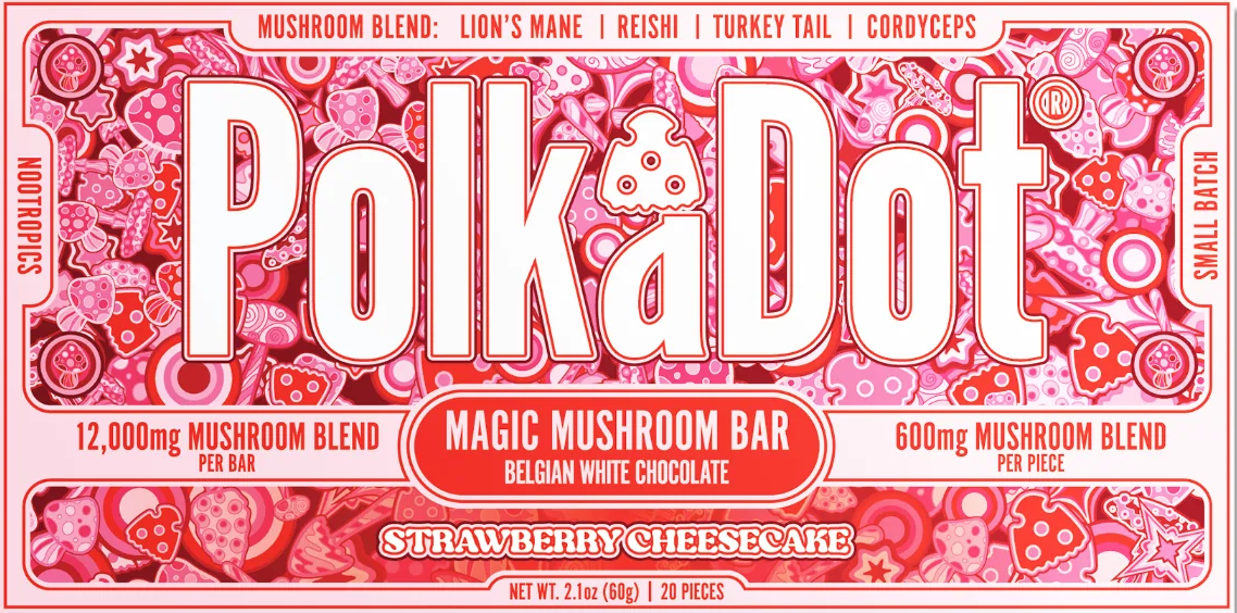 Polka Dot Mushroom Bar Strawberry Cheesecake