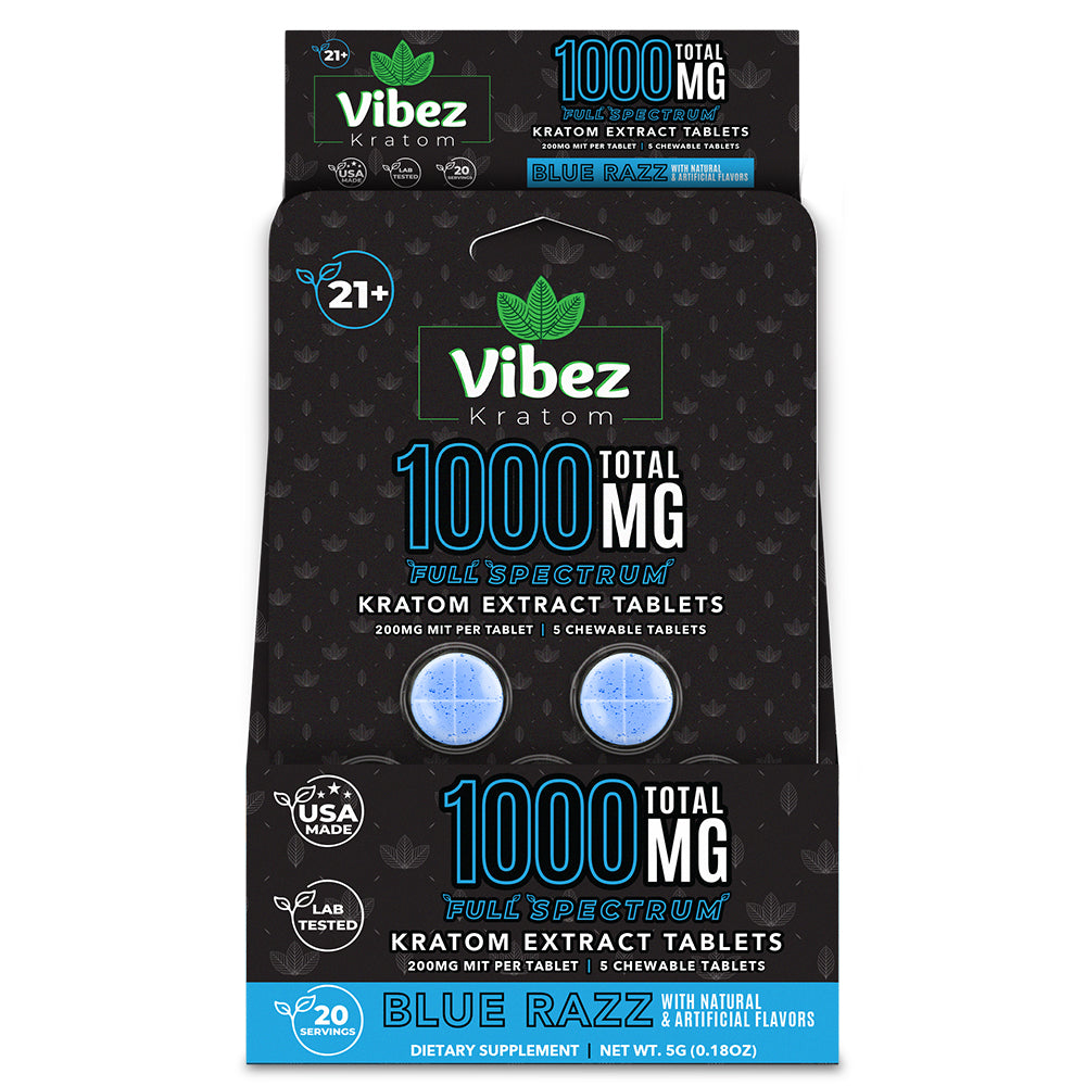Vibez Kratom Blue Razz 5 Count Blister Card 1000MG - 10 Pack